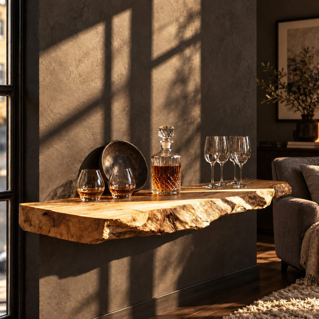 Rugged Natural Edge Floating Bar Shelf, Thick Solid Wood Slab Wall Shelf for Home Bar and Lounge