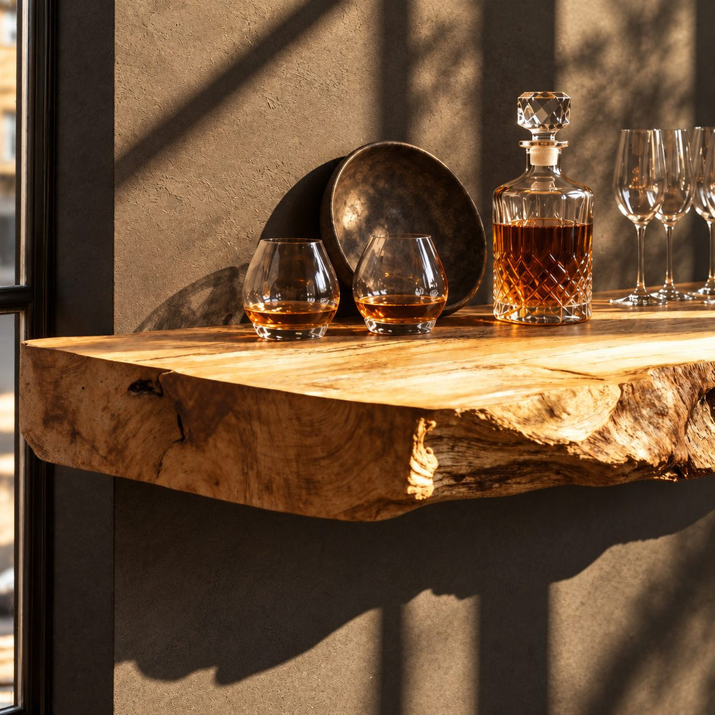 Rugged Natural Edge Floating Bar Shelf, Thick Solid Wood Slab Wall Shelf for Home Bar and Lounge