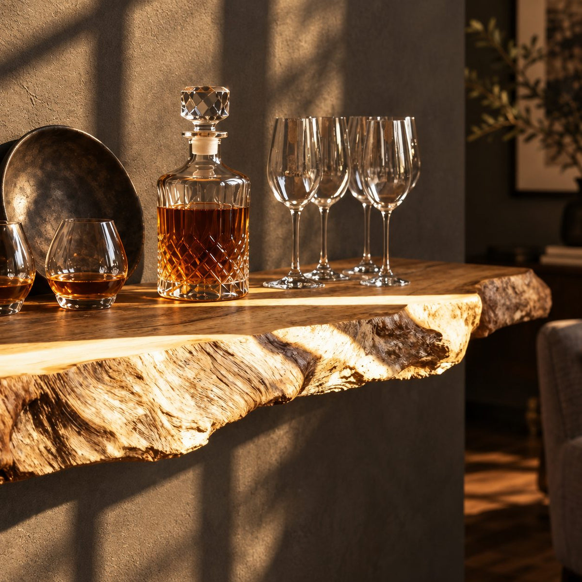 Rugged Natural Edge Floating Bar Shelf, Thick Solid Wood Slab Wall Shelf for Home Bar and Lounge