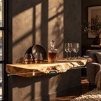 Rugged Natural Edge Floating Bar Shelf, Thick Solid Wood Slab Wall Shelf for Home Bar and Lounge
