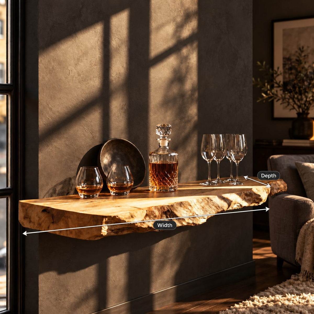 Rugged Natural Edge Floating Bar Shelf, Thick Solid Wood Slab Wall Shelf for Home Bar and Lounge