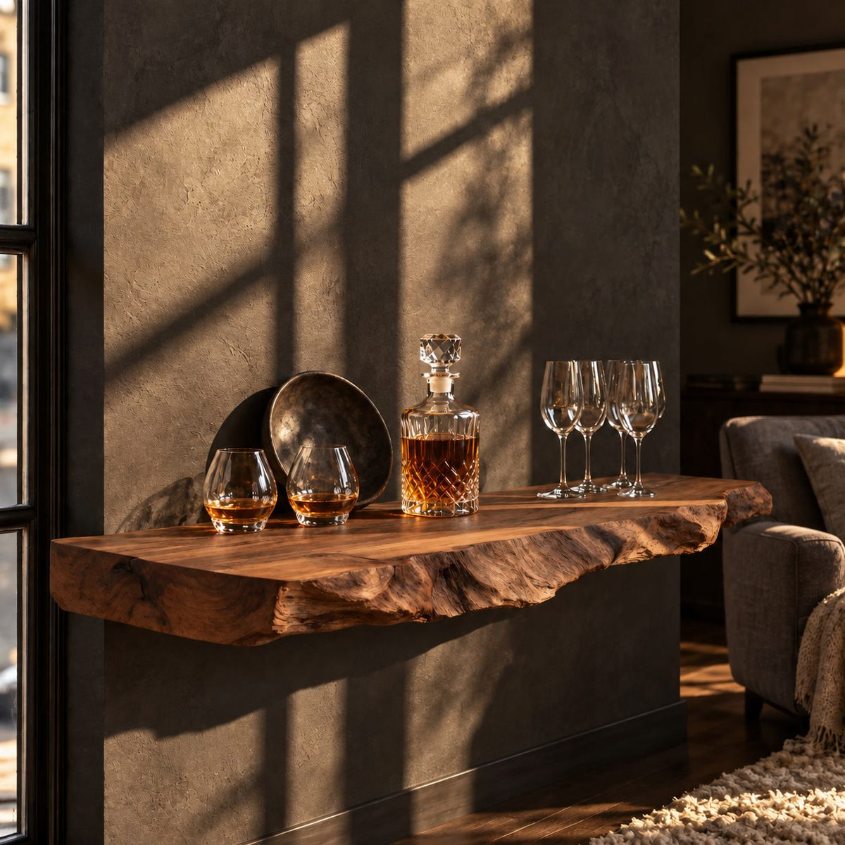 Rugged Natural Edge Floating Bar Shelf, Thick Solid Wood Slab Wall Shelf for Home Bar and Lounge