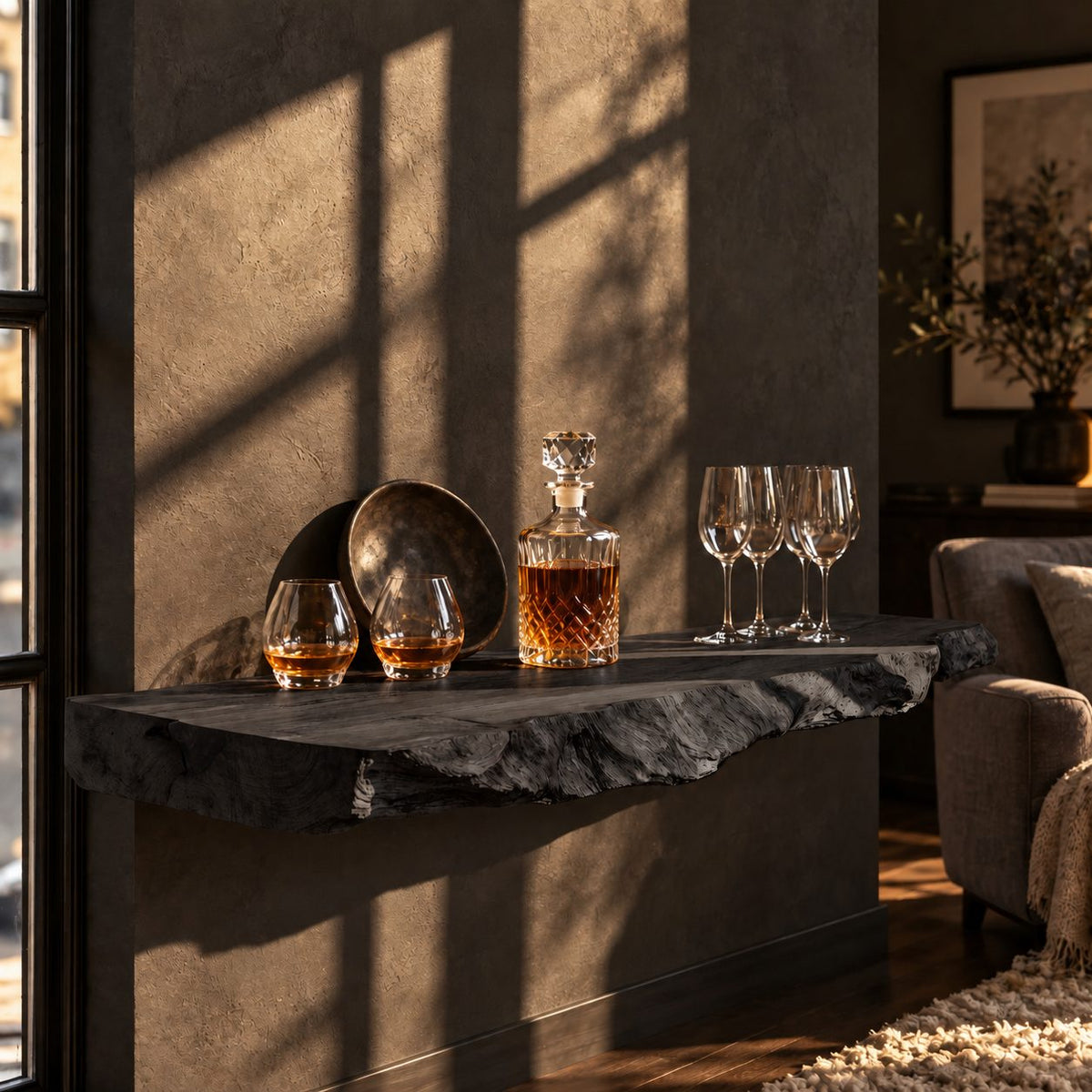 Rugged Natural Edge Floating Bar Shelf, Thick Solid Wood Slab Wall Shelf for Home Bar and Lounge