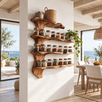Spine Branch Live Edge Spice Rack Wall Shelf, 4-Tier Solid Wood Kitchen Organizer with Carved Side Trunk