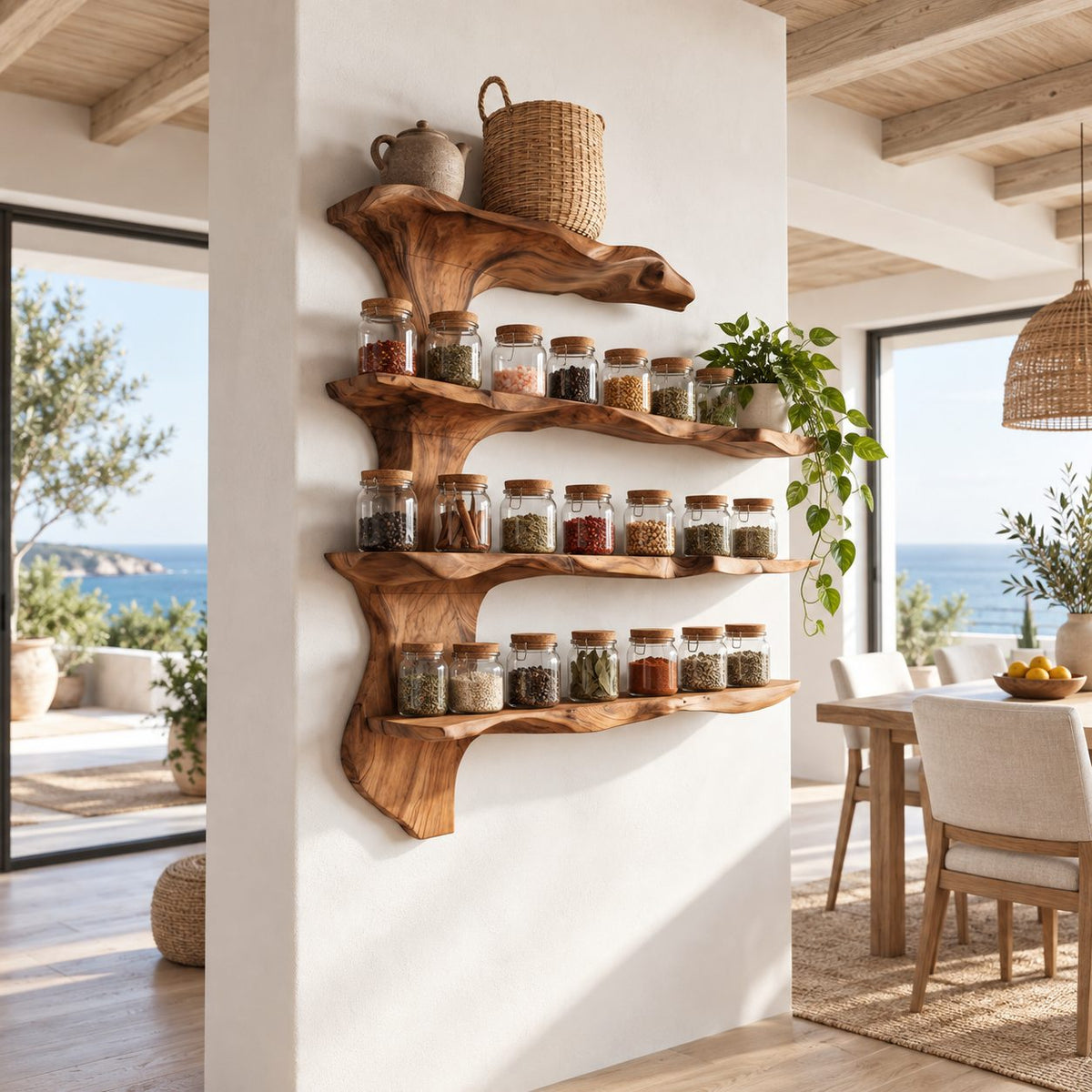 Spine Branch Live Edge Spice Rack Wall Shelf, 4-Tier Solid Wood Kitchen Organizer with Carved Side Trunk