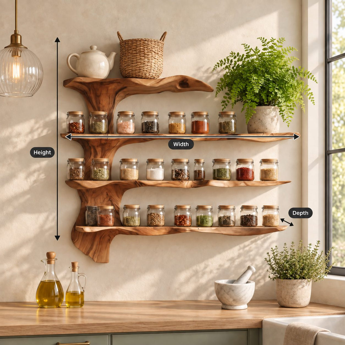 Spine Branch Live Edge Spice Rack Wall Shelf, 4-Tier Solid Wood Kitchen Organizer with Carved Side Trunk