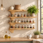 Spine Branch Live Edge Spice Rack Wall Shelf, 4-Tier Solid Wood Kitchen Organizer with Carved Side Trunk