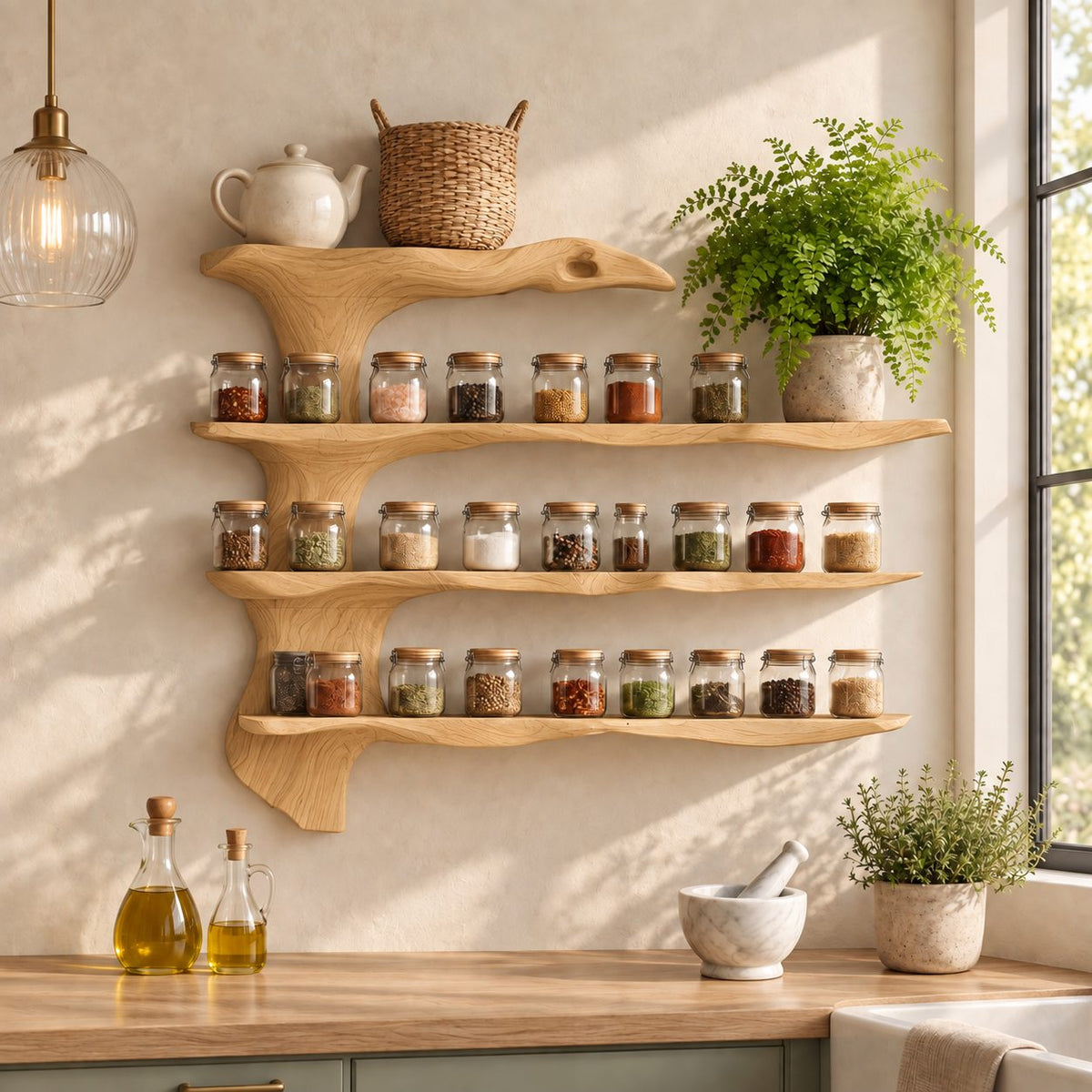 Spine Branch Live Edge Spice Rack Wall Shelf, 4-Tier Solid Wood Kitchen Organizer with Carved Side Trunk
