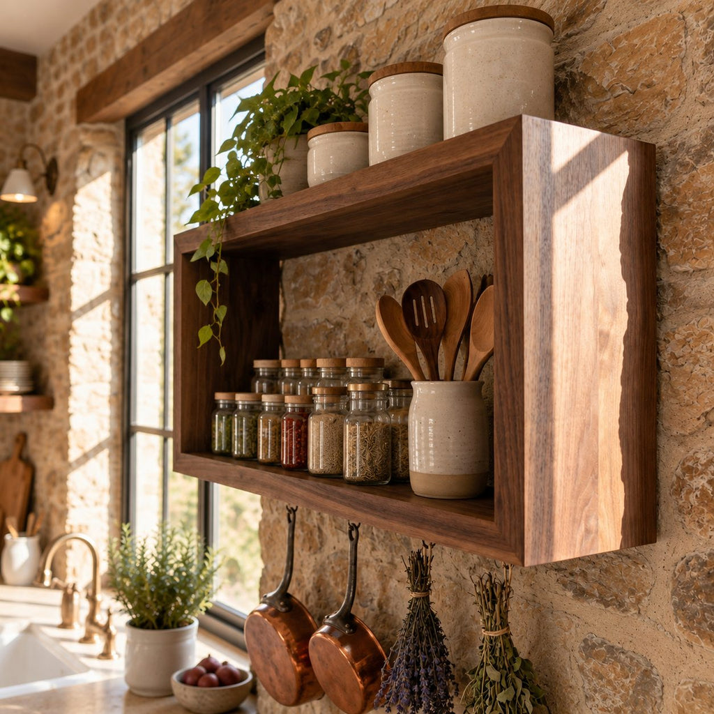 Open Box Kitchen Wall Shelf, Rectangular Solid Wood Spice Rack and Display Frame for Jars and Canisters