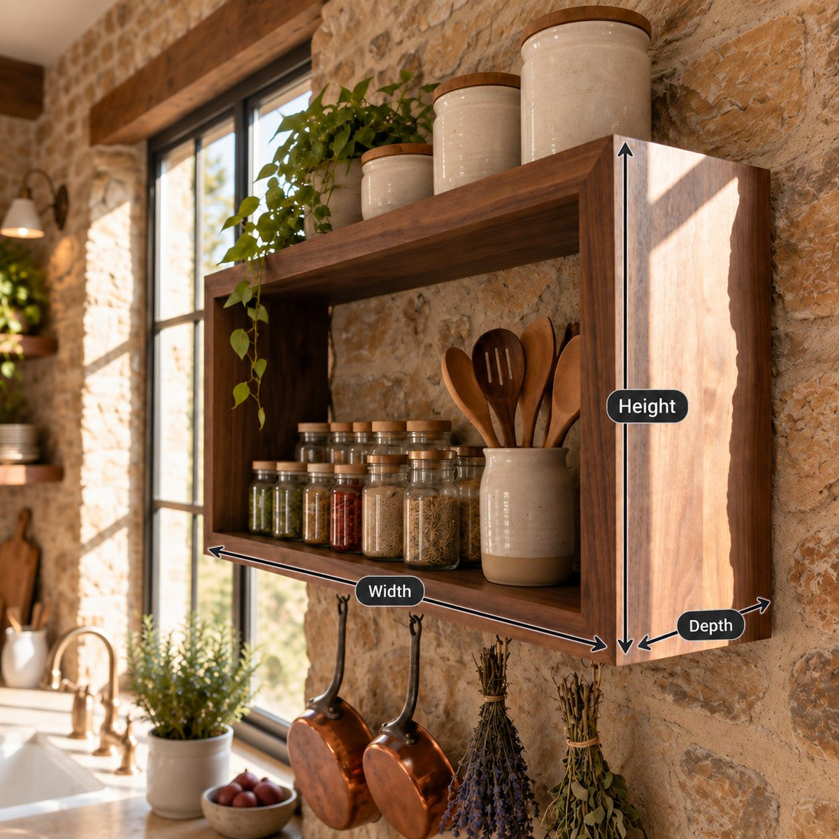 Open Box Kitchen Wall Shelf, Rectangular Solid Wood Spice Rack and Display Frame for Jars and Canisters