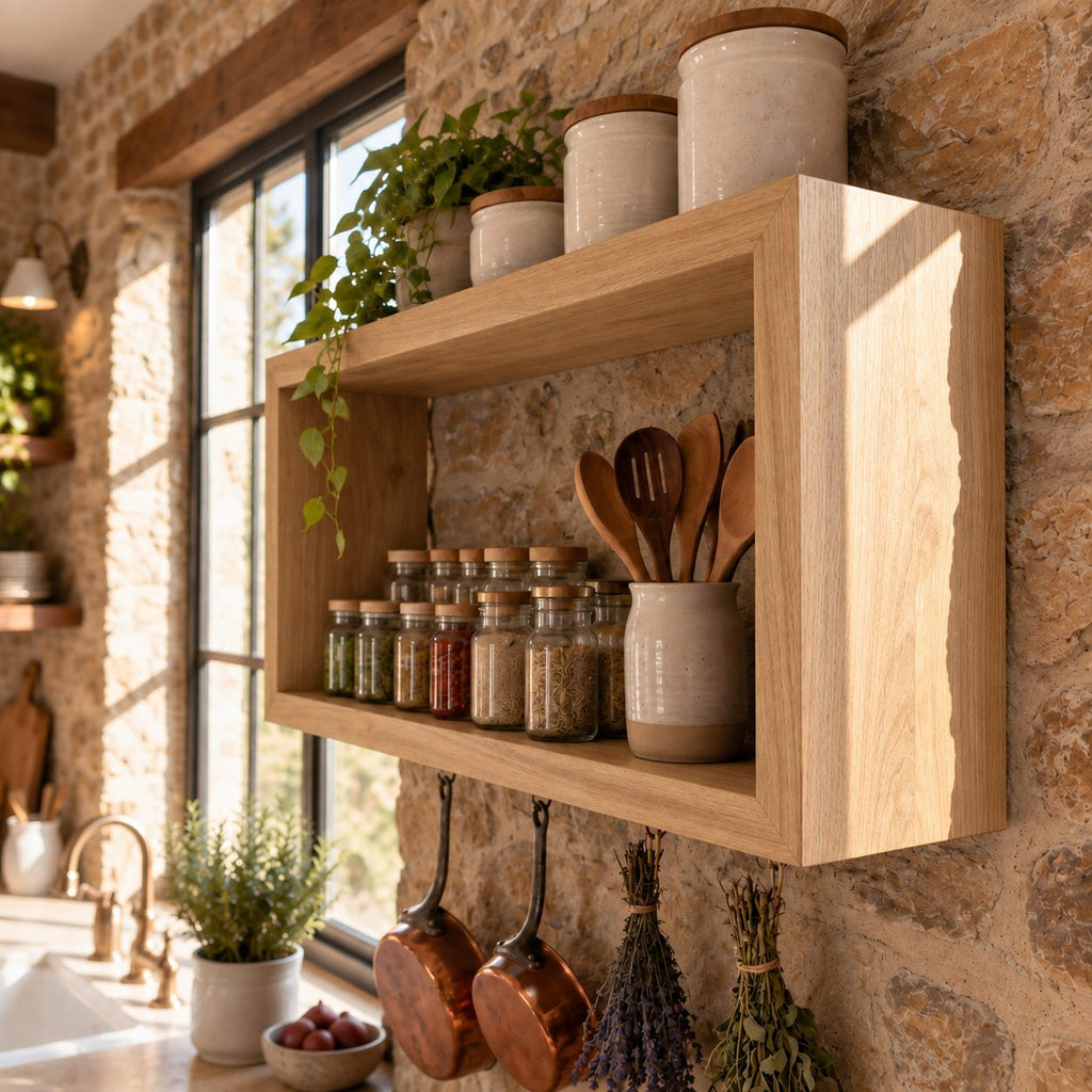 Open Box Kitchen Wall Shelf, Rectangular Solid Wood Spice Rack and Display Frame for Jars and Canisters