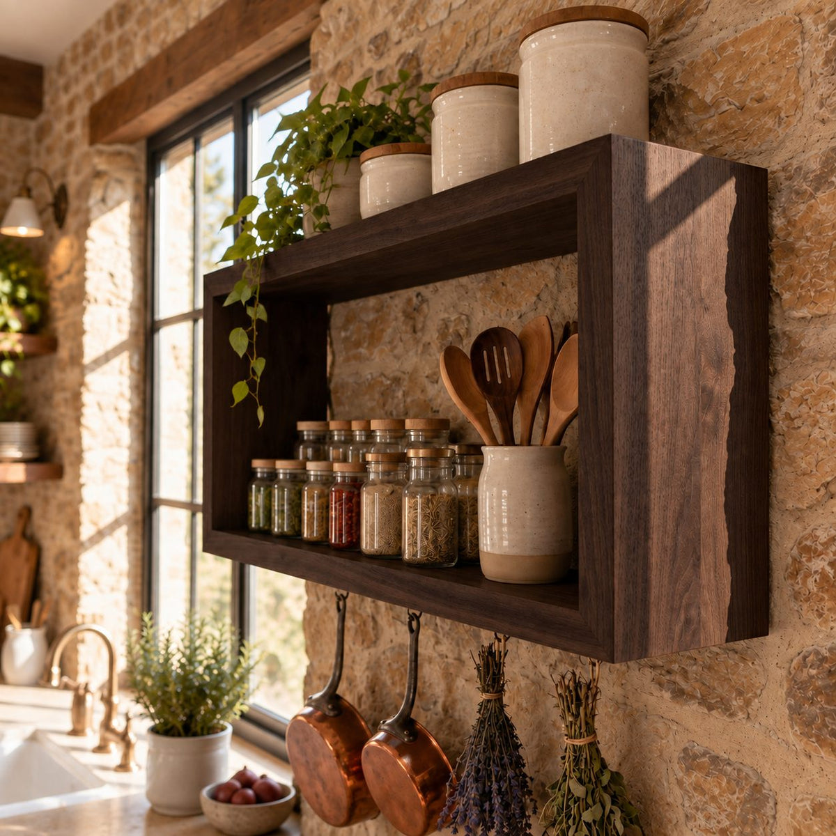 Open Box Kitchen Wall Shelf, Rectangular Solid Wood Spice Rack and Display Frame for Jars and Canisters
