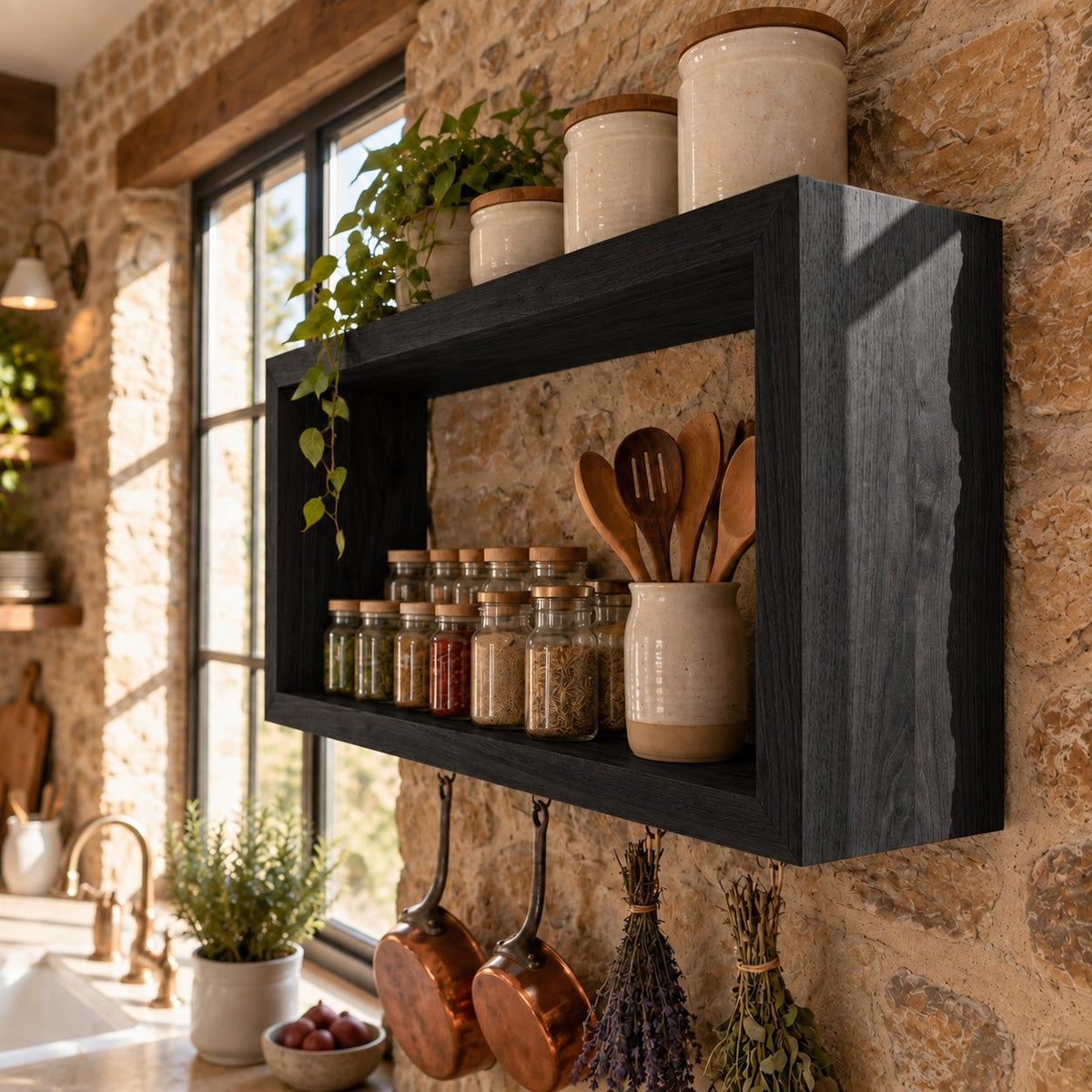 Open Box Kitchen Wall Shelf, Rectangular Solid Wood Spice Rack and Display Frame for Jars and Canisters