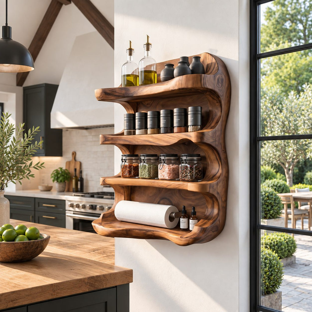 Wavy Sculpted Spice Rack Wall Shelf, 4-Tier Solid Wood Kitchen Organizer with Rounded Open Sides