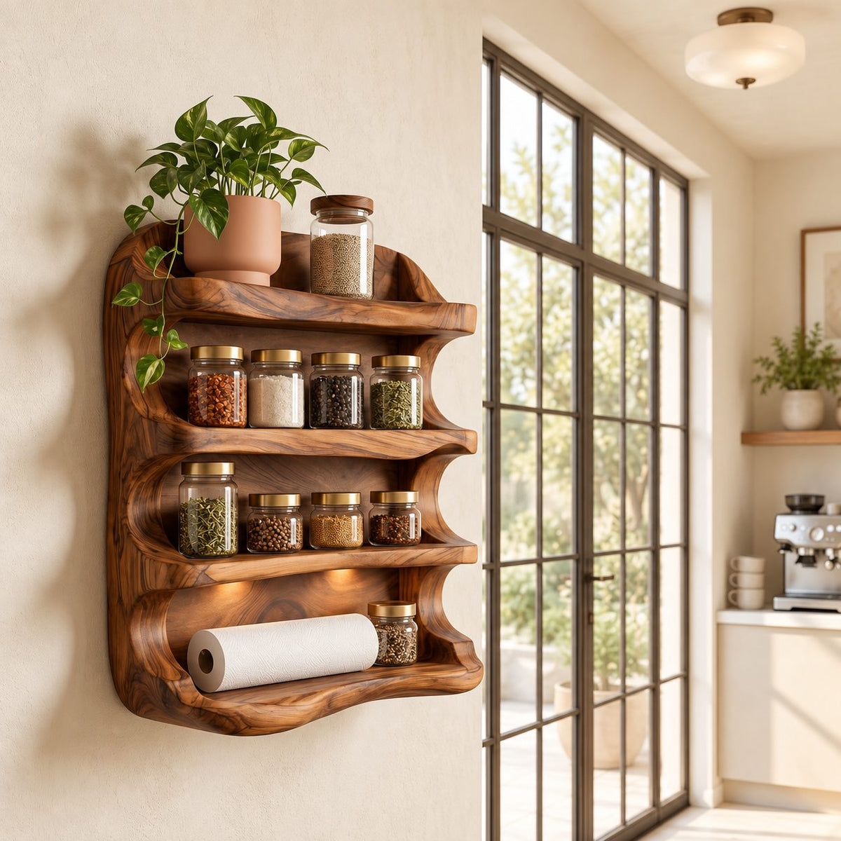 Wavy Sculpted Spice Rack Wall Shelf, 4-Tier Solid Wood Kitchen Organizer with Rounded Open Sides