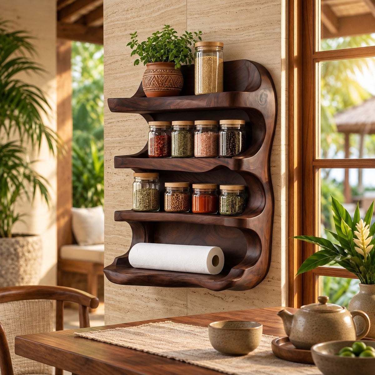 Wavy Sculpted Spice Rack Wall Shelf, 4-Tier Solid Wood Kitchen Organizer with Rounded Open Sides