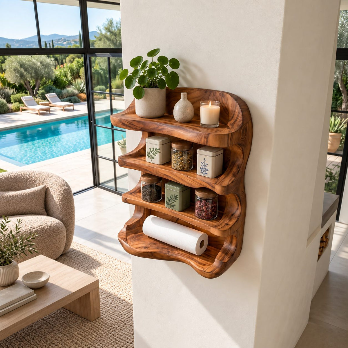 Wavy Sculpted Spice Rack Wall Shelf, 4-Tier Solid Wood Kitchen Organizer with Rounded Open Sides