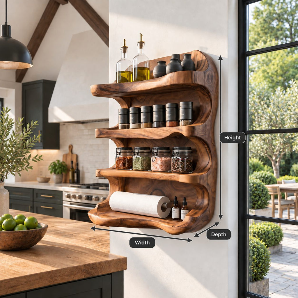 Wavy Sculpted Spice Rack Wall Shelf, 4-Tier Solid Wood Kitchen Organizer with Rounded Open Sides
