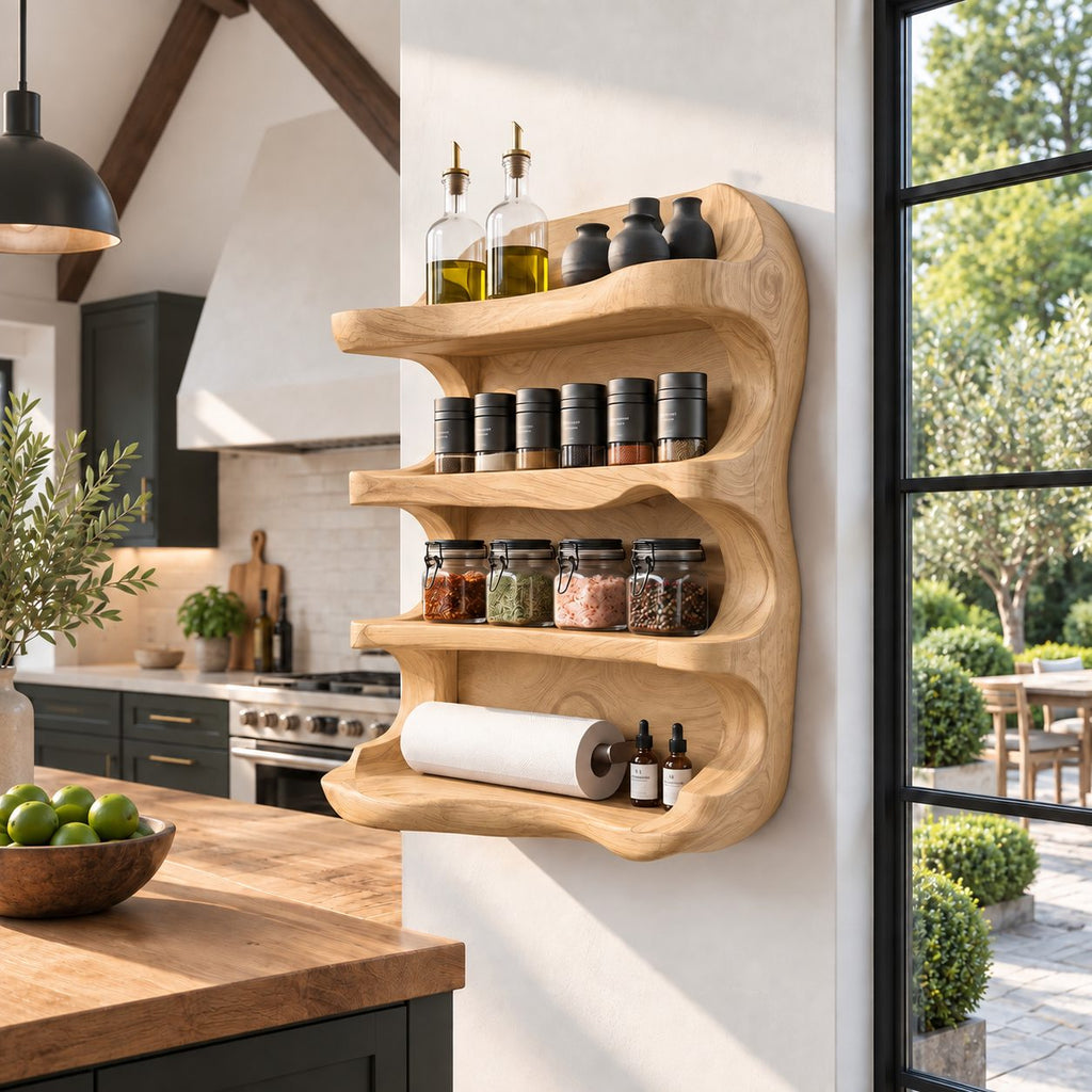 Wavy Sculpted Spice Rack Wall Shelf, 4-Tier Solid Wood Kitchen Organizer with Rounded Open Sides