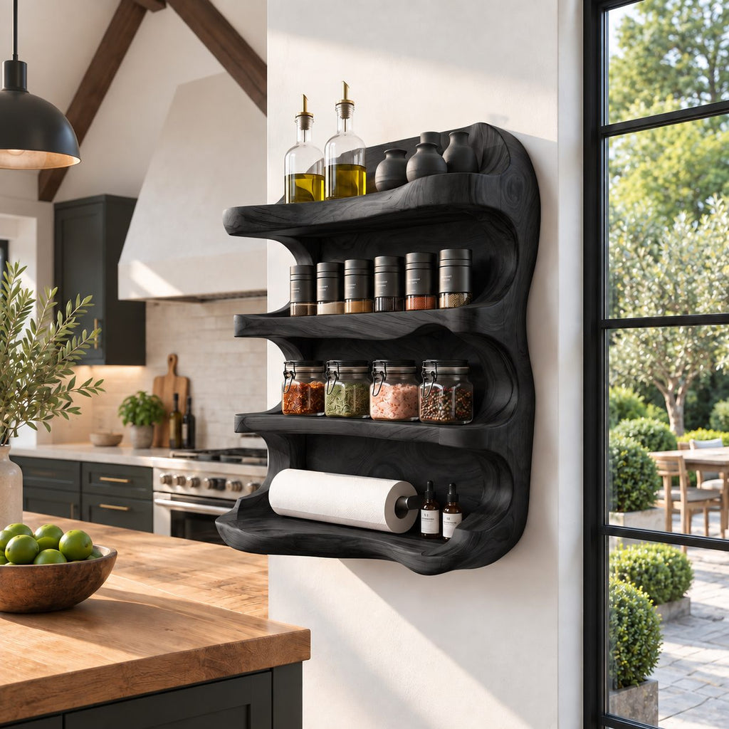 Wavy Sculpted Spice Rack Wall Shelf, 4-Tier Solid Wood Kitchen Organizer with Rounded Open Sides