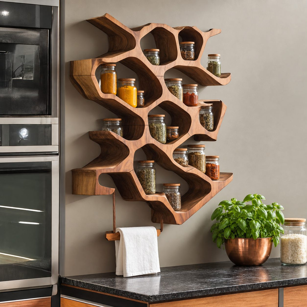 Honeycomb Cell Spice Rack Wall Shelf with Wooden Towel Rod, Sculpted Solid Wood Kitchen Organizer