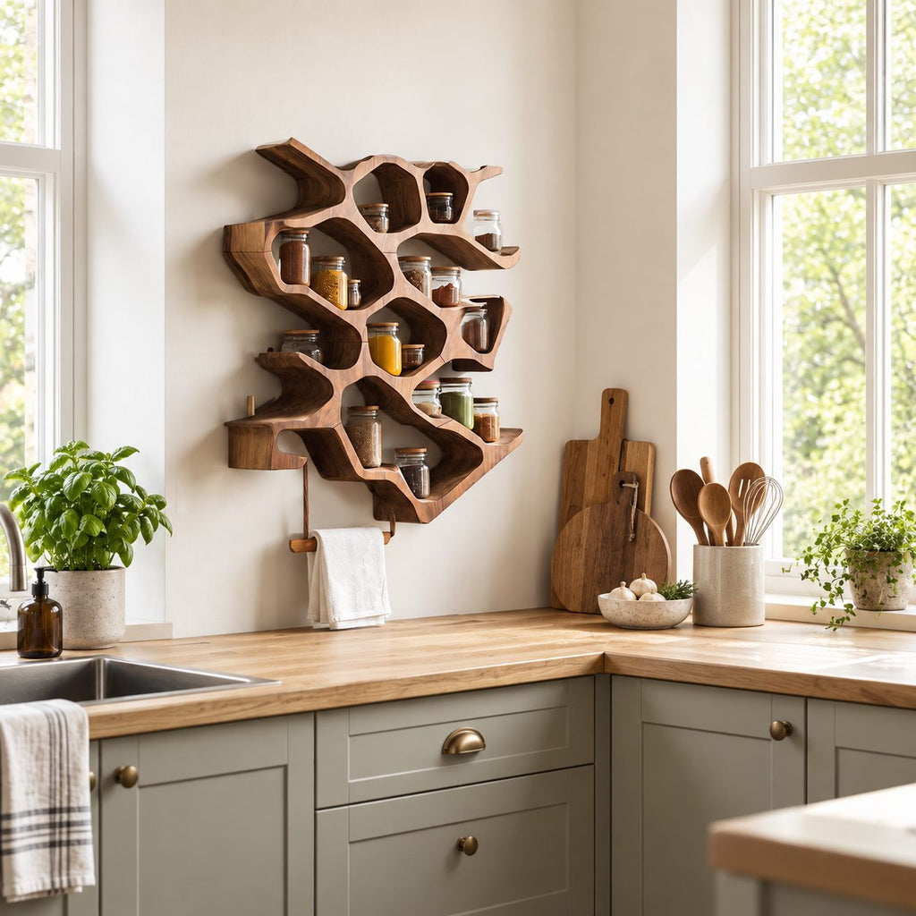Honeycomb Cell Spice Rack Wall Shelf with Wooden Towel Rod, Sculpted Solid Wood Kitchen Organizer