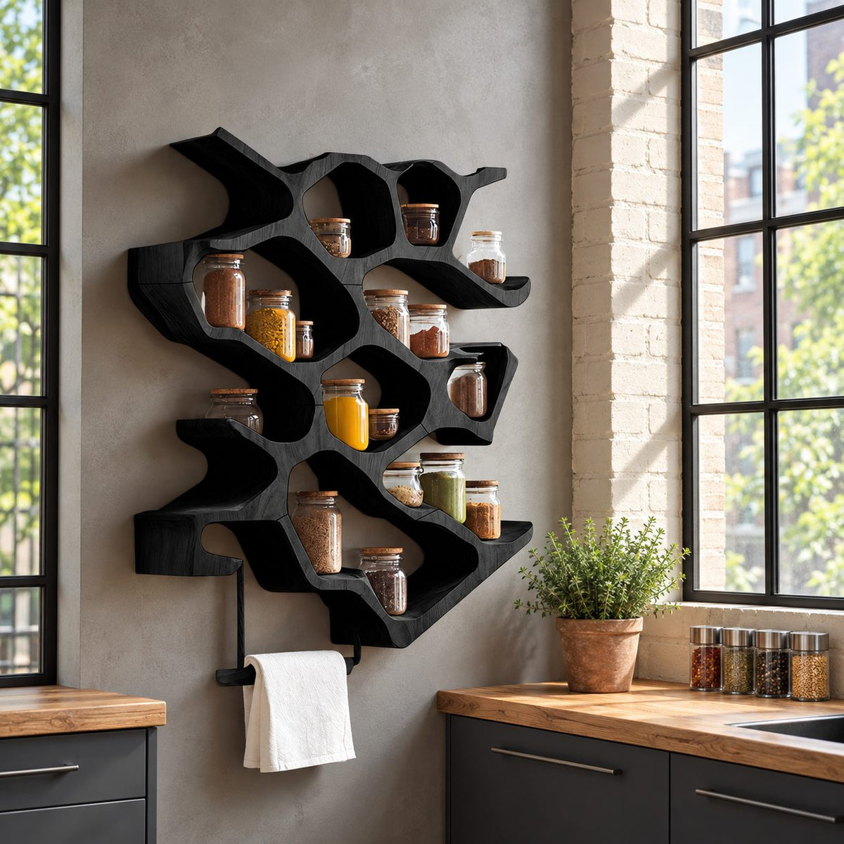 Honeycomb Cell Spice Rack Wall Shelf with Wooden Towel Rod, Sculpted Solid Wood Kitchen Organizer