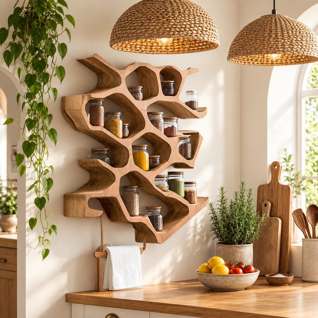 Honeycomb Cell Spice Rack Wall Shelf with Wooden Towel Rod, Sculpted Solid Wood Kitchen Organizer