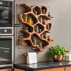Honeycomb Cell Spice Rack Wall Shelf with Wooden Towel Rod, Sculpted Solid Wood Kitchen Organizer