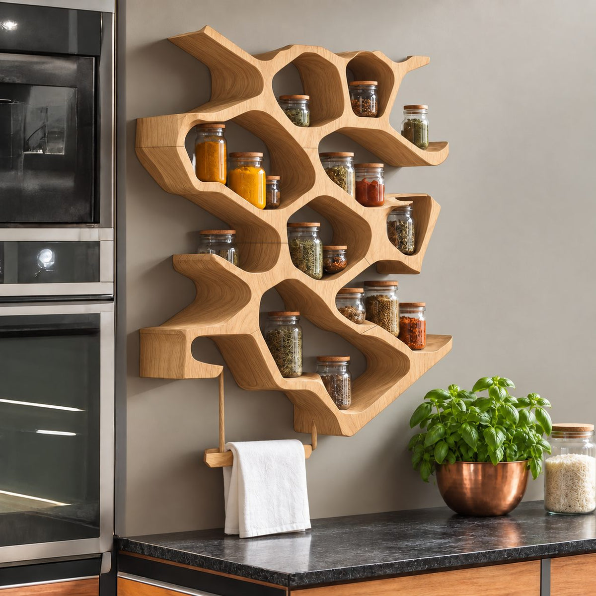 Honeycomb Cell Spice Rack Wall Shelf with Wooden Towel Rod, Sculpted Solid Wood Kitchen Organizer
