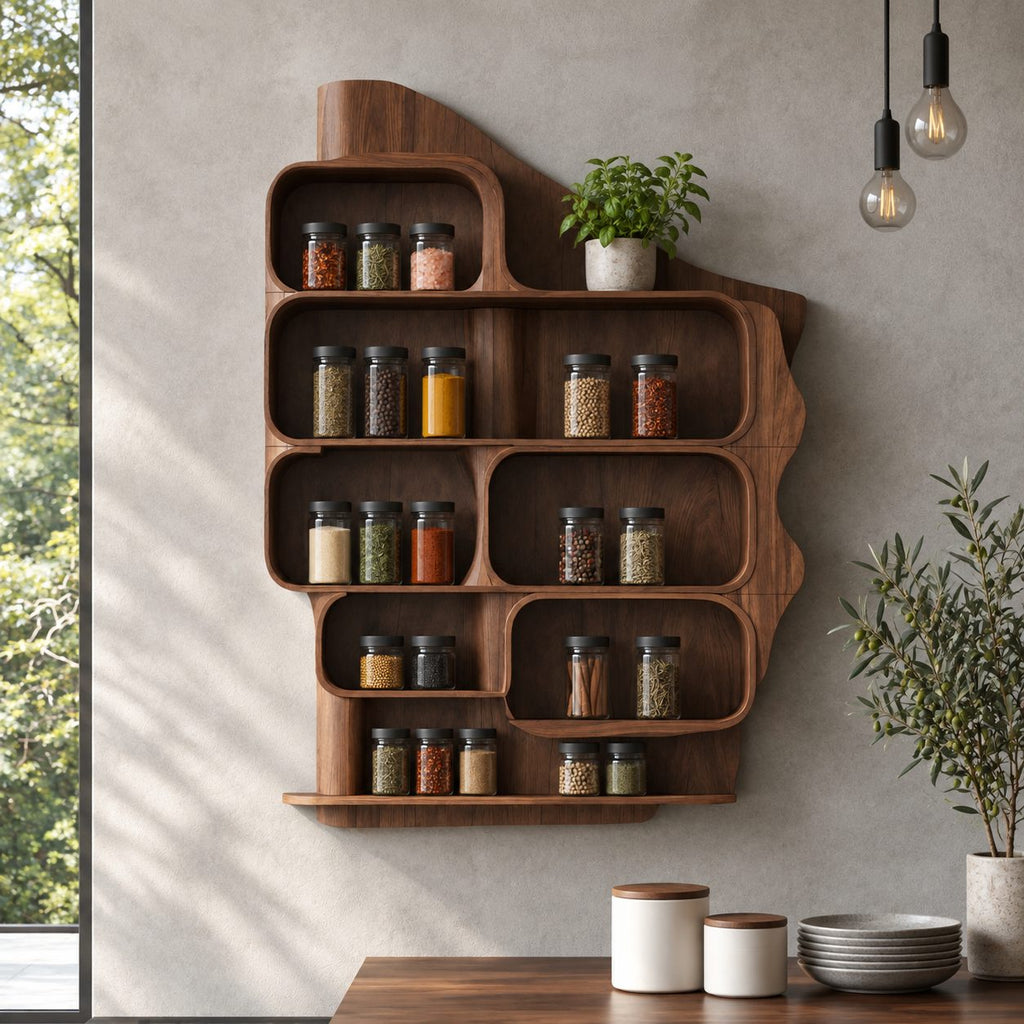 Rounded Cubby Spice Rack Wall Cabinet, Sculpted Solid Wood Kitchen Organizer with Shaped Back Panel