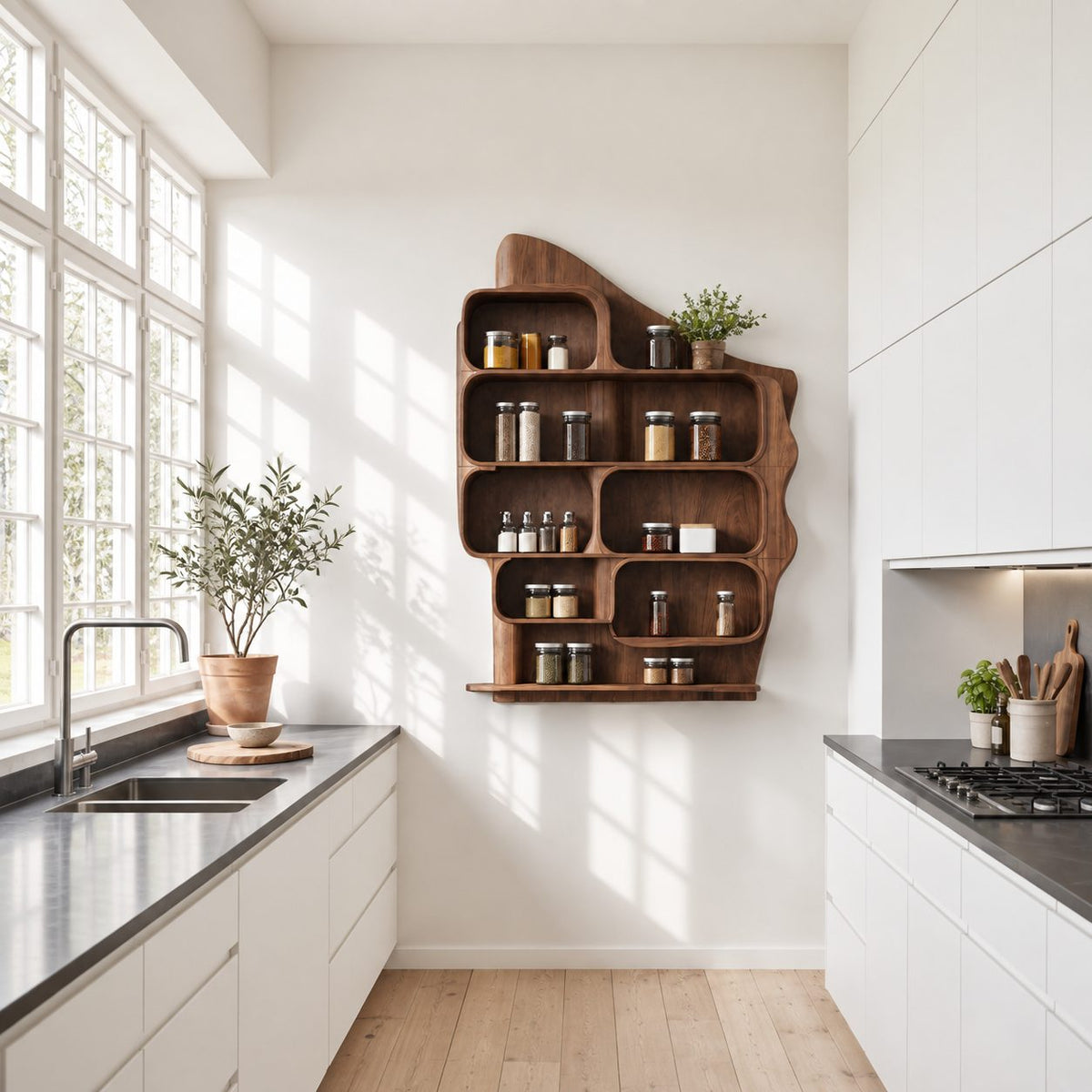 Rounded Cubby Spice Rack Wall Cabinet, Sculpted Solid Wood Kitchen Organizer with Shaped Back Panel