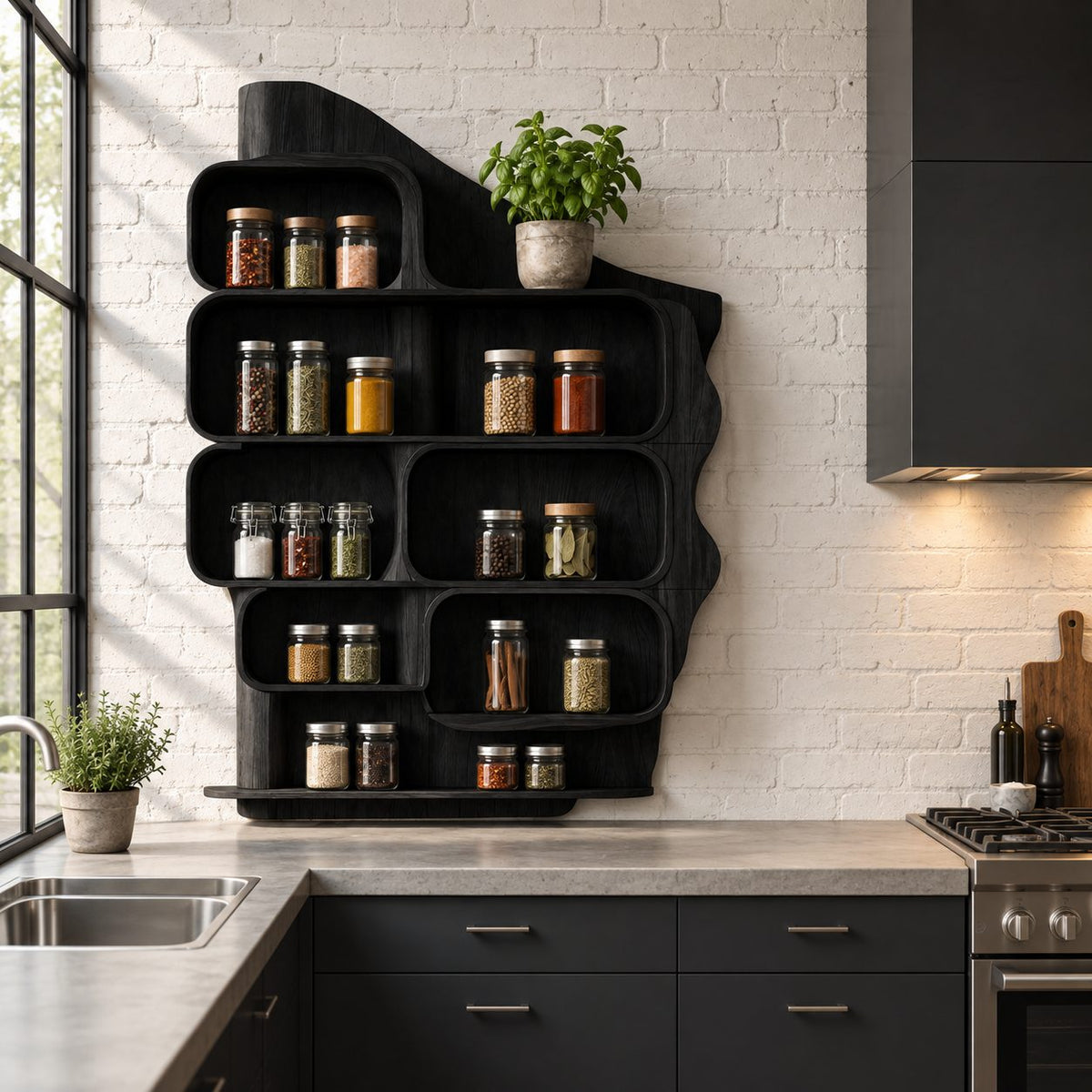 Rounded Cubby Spice Rack Wall Cabinet, Sculpted Solid Wood Kitchen Organizer with Shaped Back Panel