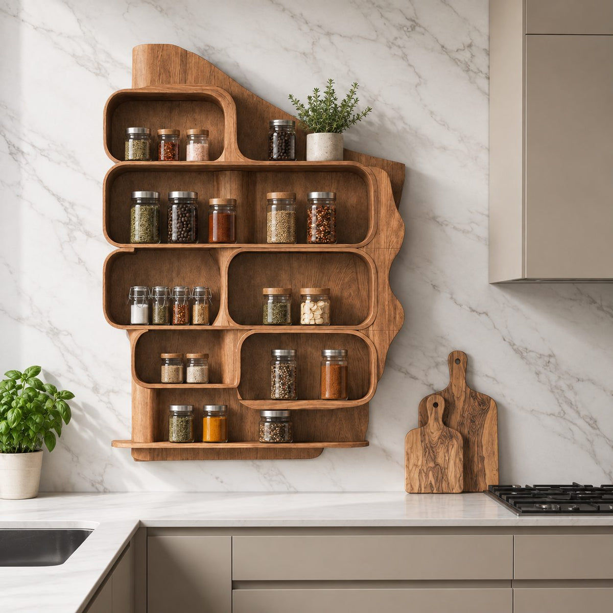 Rounded Cubby Spice Rack Wall Cabinet, Sculpted Solid Wood Kitchen Organizer with Shaped Back Panel