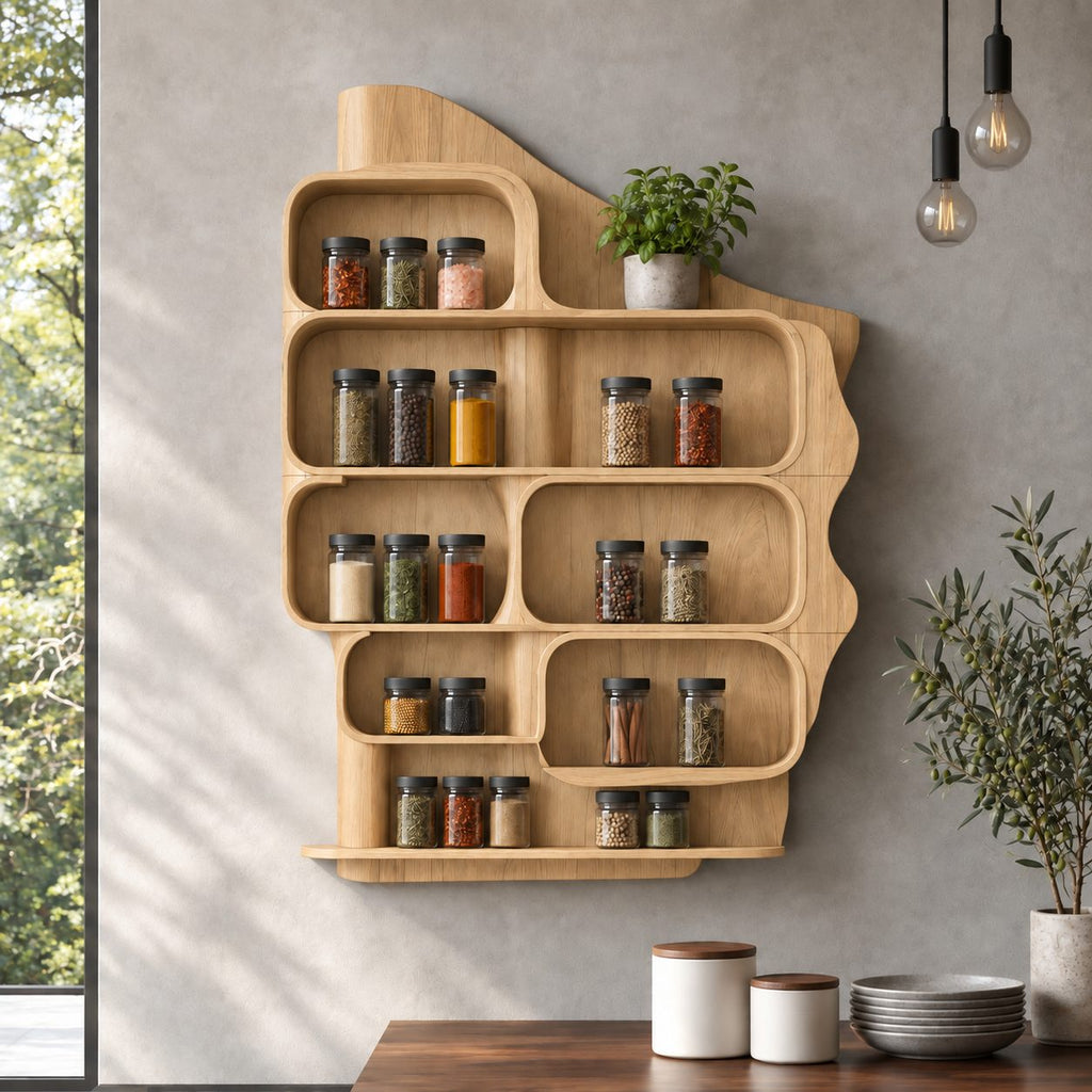 Rounded Cubby Spice Rack Wall Cabinet, Sculpted Solid Wood Kitchen Organizer with Shaped Back Panel
