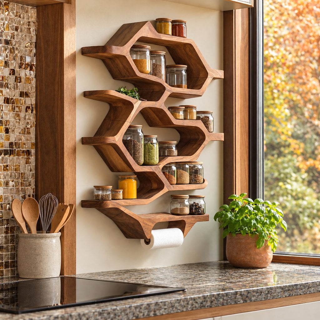 Hexagon Honeycomb Spice Rack Wall Shelf with Paper Towel Holder, Tall Solid Wood Kitchen Organizer