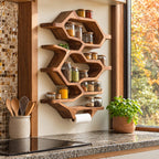 Hexagon Honeycomb Spice Rack Wall Shelf with Paper Towel Holder, Tall Solid Wood Kitchen Organizer