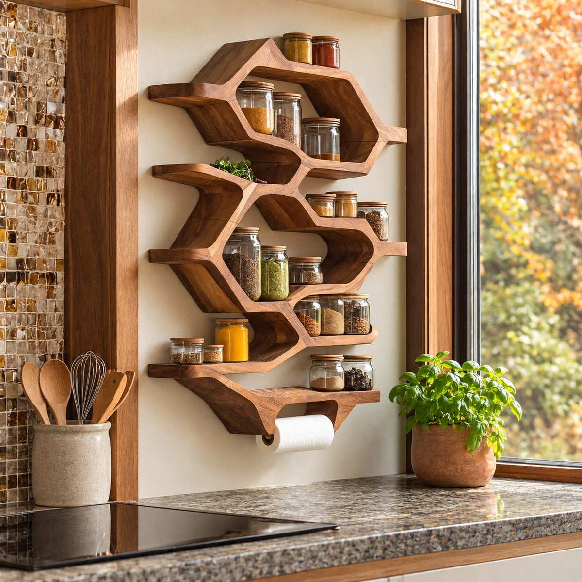 Hexagon Honeycomb Spice Rack Wall Shelf with Paper Towel Holder, Tall Solid Wood Kitchen Organizer
