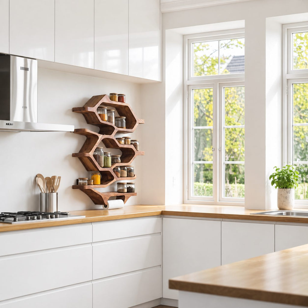 Hexagon Honeycomb Spice Rack Wall Shelf with Paper Towel Holder, Tall Solid Wood Kitchen Organizer