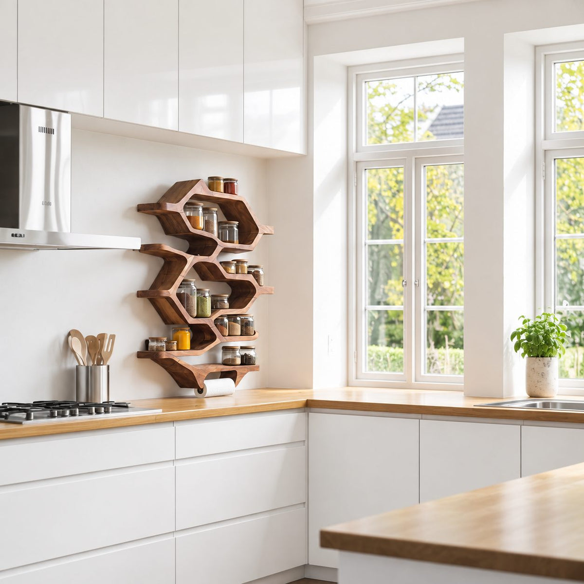 Hexagon Honeycomb Spice Rack Wall Shelf with Paper Towel Holder, Tall Solid Wood Kitchen Organizer