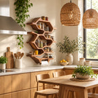 Hexagon Honeycomb Spice Rack Wall Shelf with Paper Towel Holder, Tall Solid Wood Kitchen Organizer