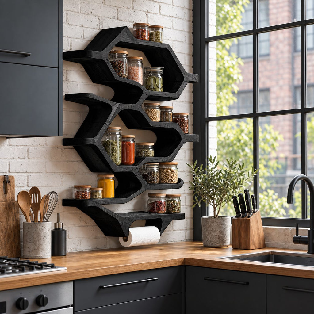 Hexagon Honeycomb Spice Rack Wall Shelf with Paper Towel Holder, Tall Solid Wood Kitchen Organizer