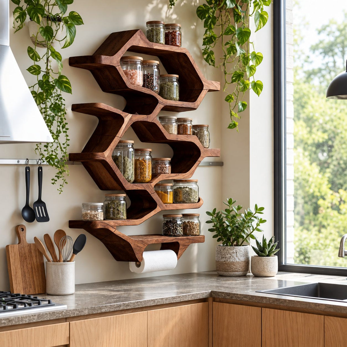Hexagon Honeycomb Spice Rack Wall Shelf with Paper Towel Holder, Tall Solid Wood Kitchen Organizer