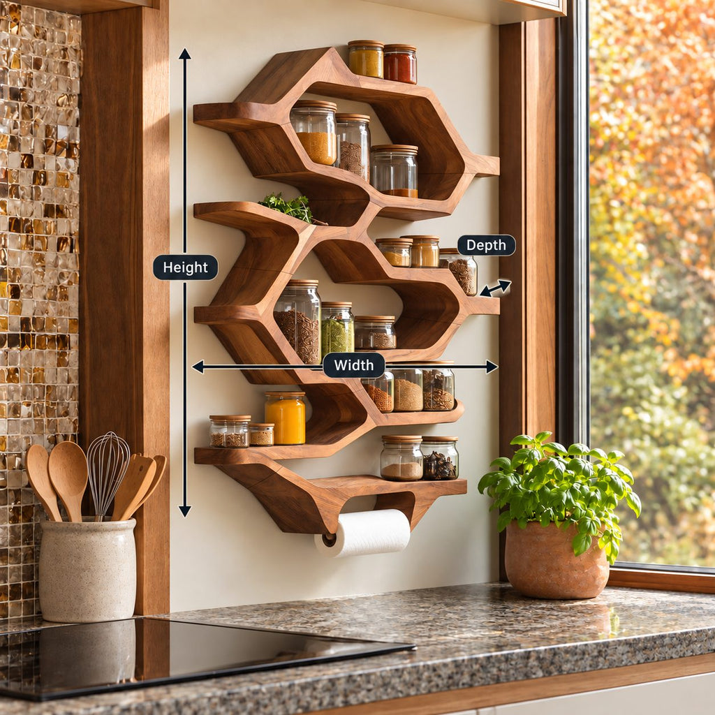 Hexagon Honeycomb Spice Rack Wall Shelf with Paper Towel Holder, Tall Solid Wood Kitchen Organizer