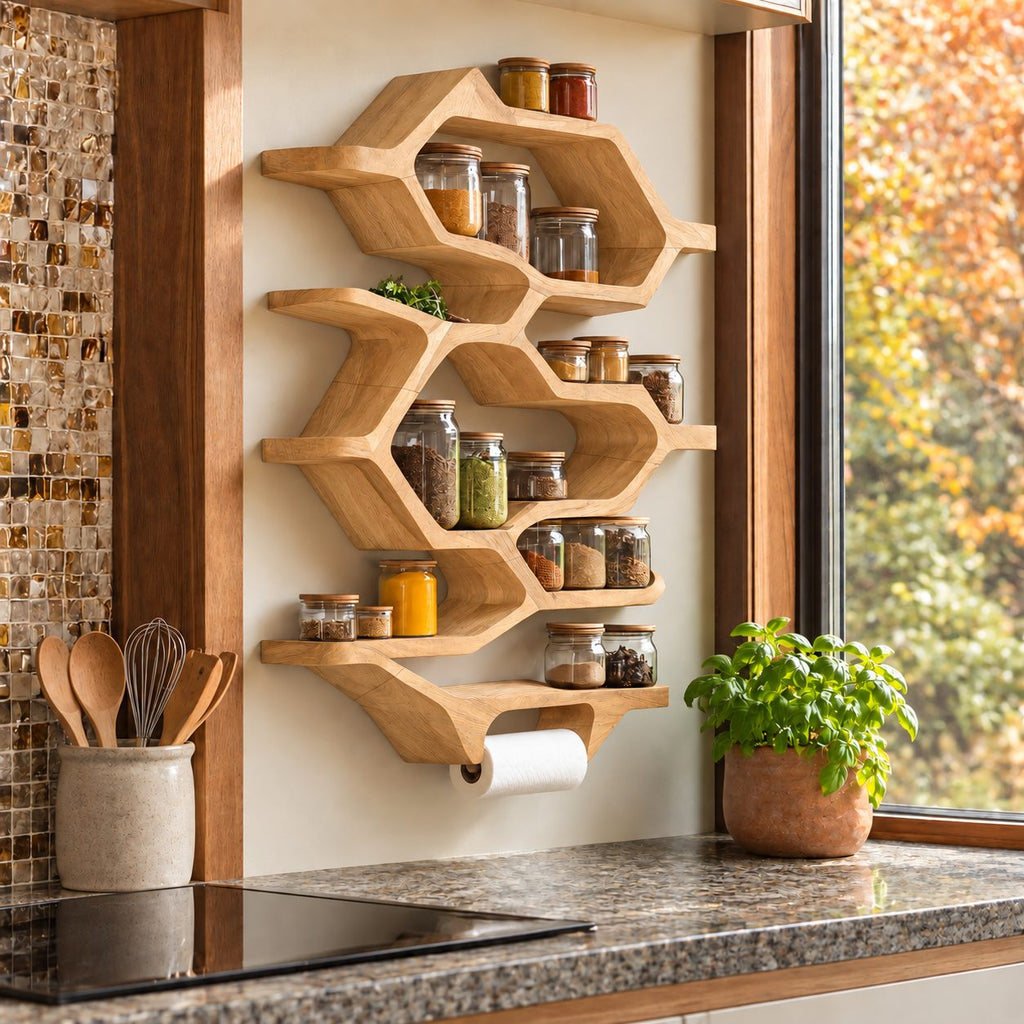 Hexagon Honeycomb Spice Rack Wall Shelf with Paper Towel Holder, Tall Solid Wood Kitchen Organizer