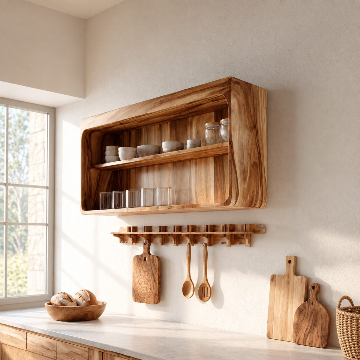 Rounded Corner Open Wall Cabinet, Solid Wood Kitchen Display Shelf with Middle Shelf for Cups and Jars
