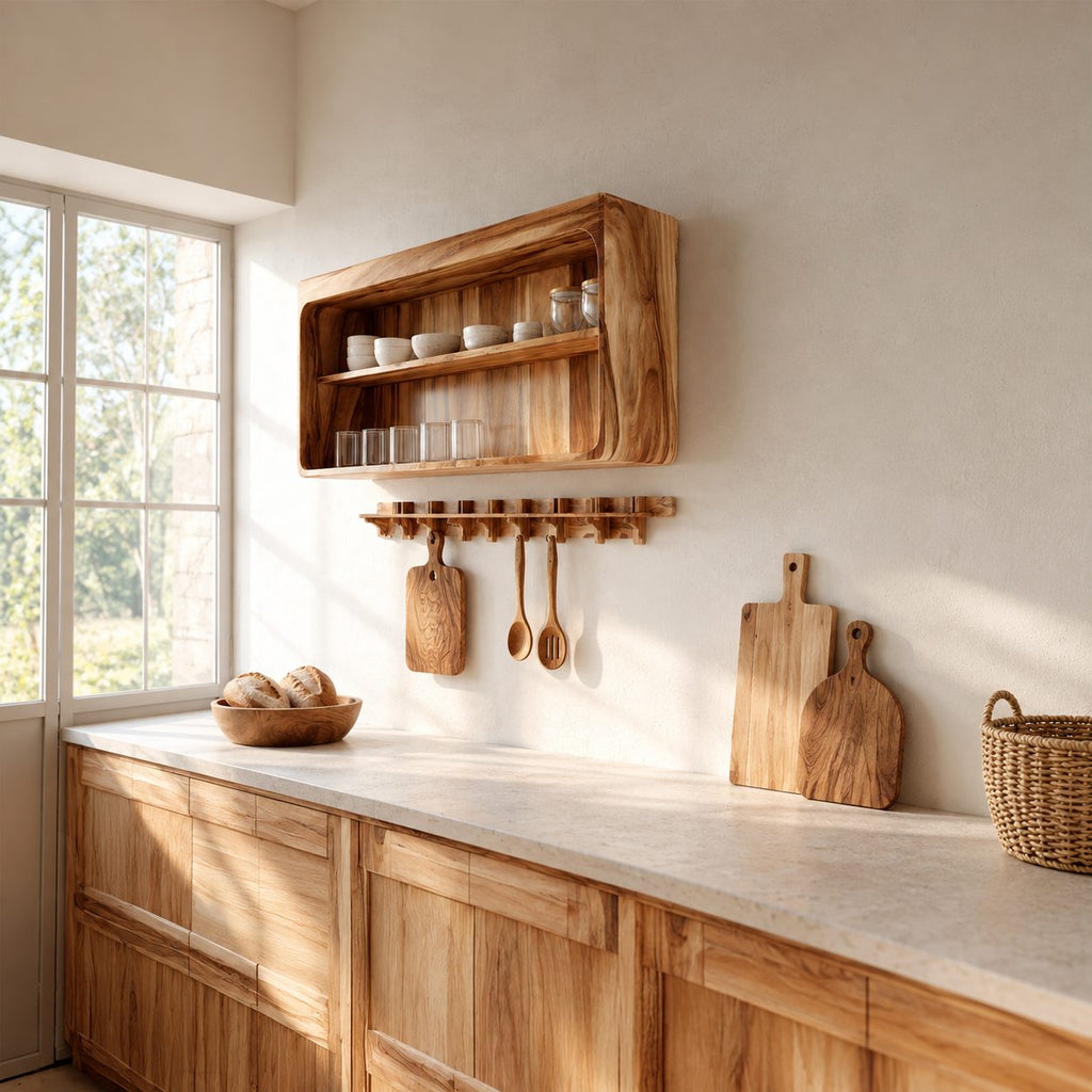 Rounded Corner Open Wall Cabinet, Solid Wood Kitchen Display Shelf with Middle Shelf for Cups and Jars