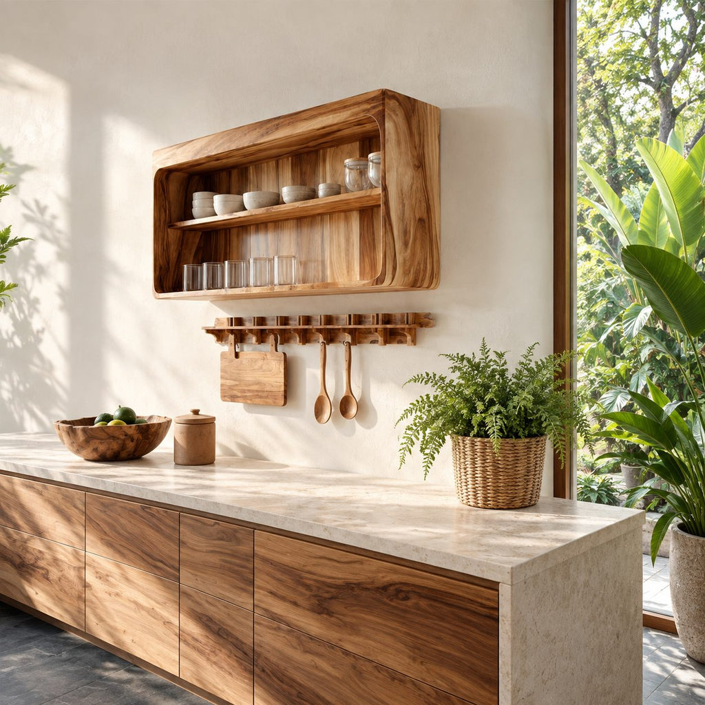 Rounded Corner Open Wall Cabinet, Solid Wood Kitchen Display Shelf with Middle Shelf for Cups and Jars
