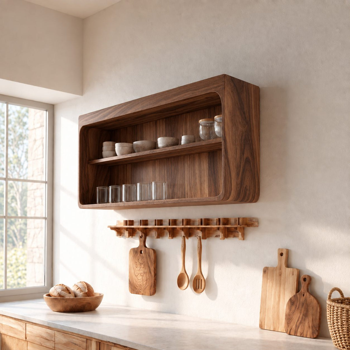 Rounded Corner Open Wall Cabinet, Solid Wood Kitchen Display Shelf with Middle Shelf for Cups and Jars