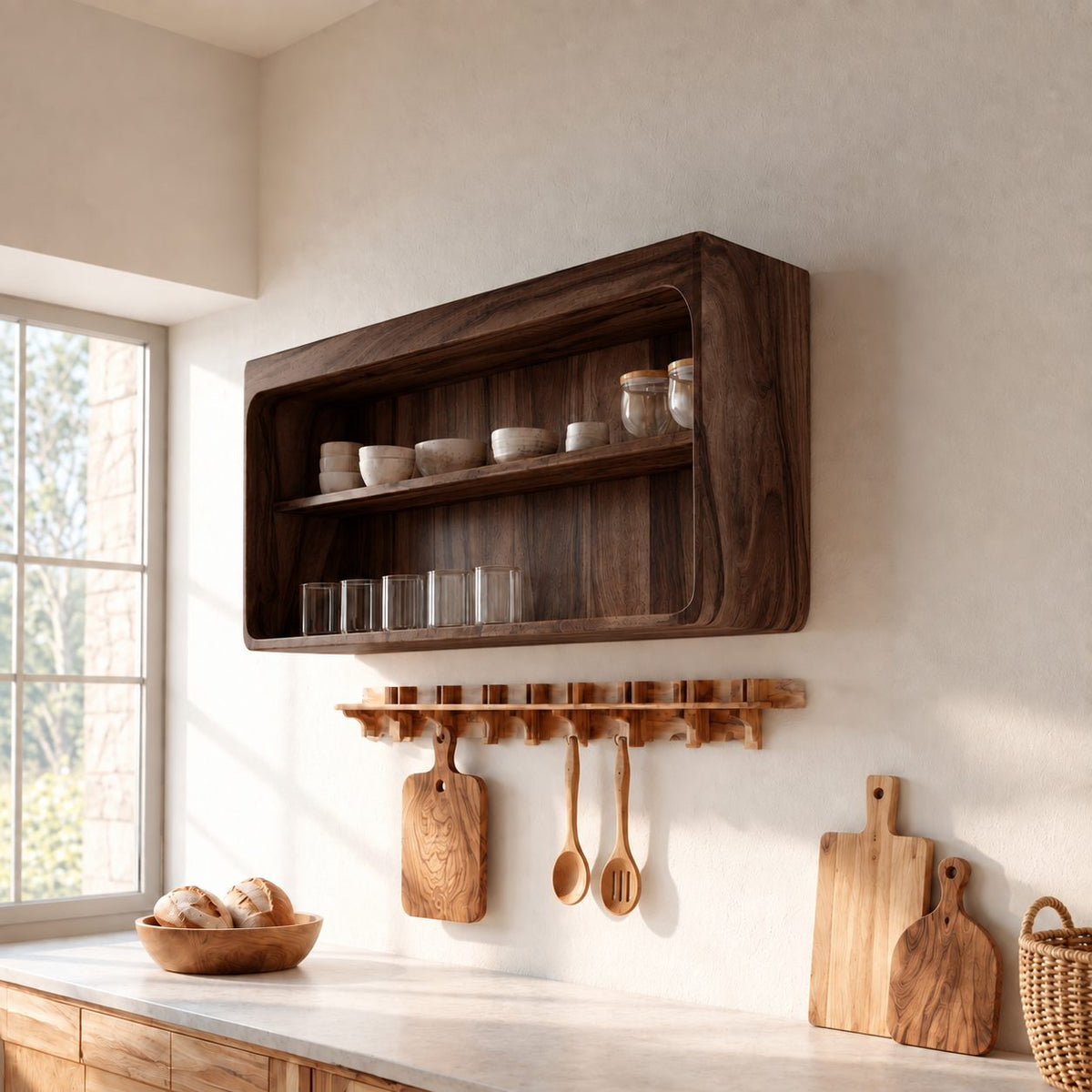 Rounded Corner Open Wall Cabinet, Solid Wood Kitchen Display Shelf with Middle Shelf for Cups and Jars